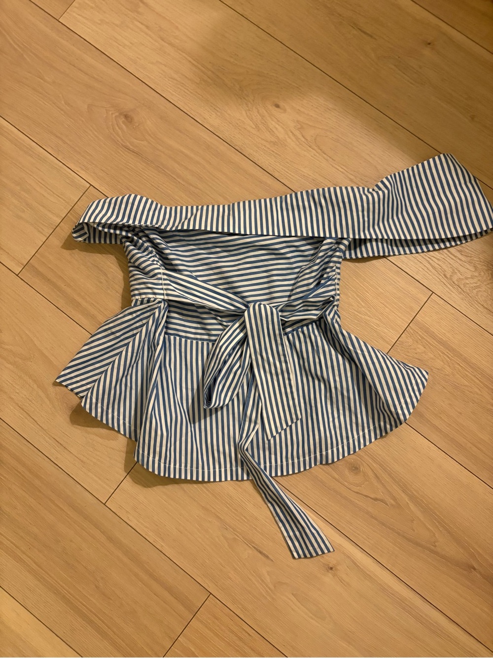 Catherine Malandrino Blue & White Striped Off-the-Shoulder Tie-Waist Peplum Top